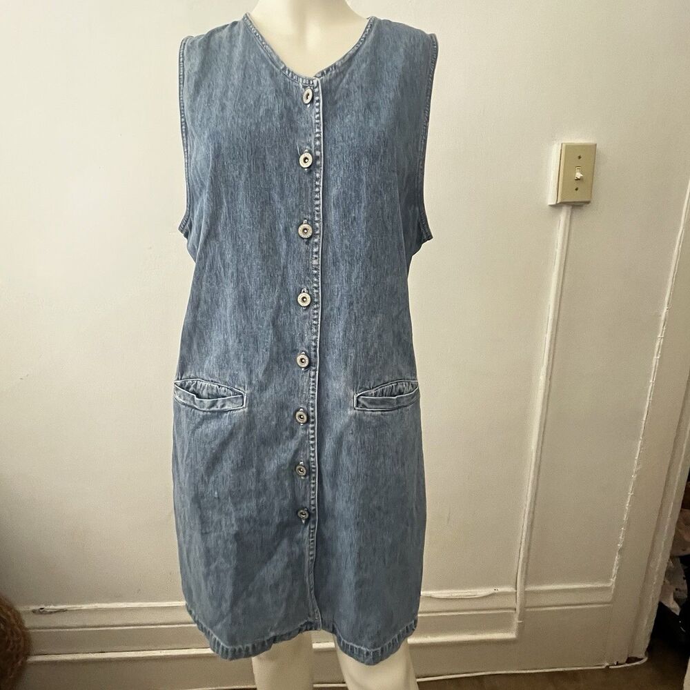 80s Faded Glory Denim Dress Sz 10 Midi Button Cotton Pockets Sleeveless Casual